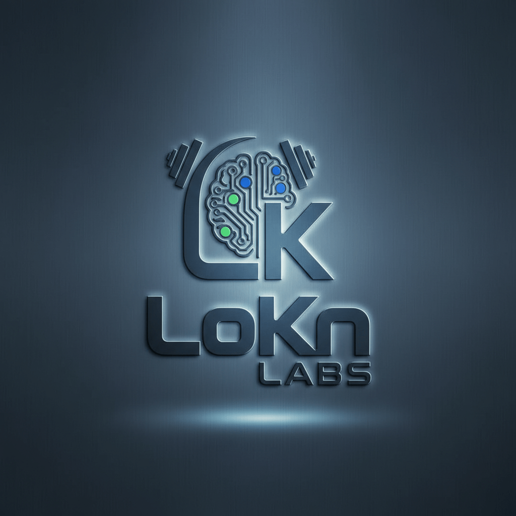LoKn LABS logo with brain circuit icon and dumbbells on a dark background.