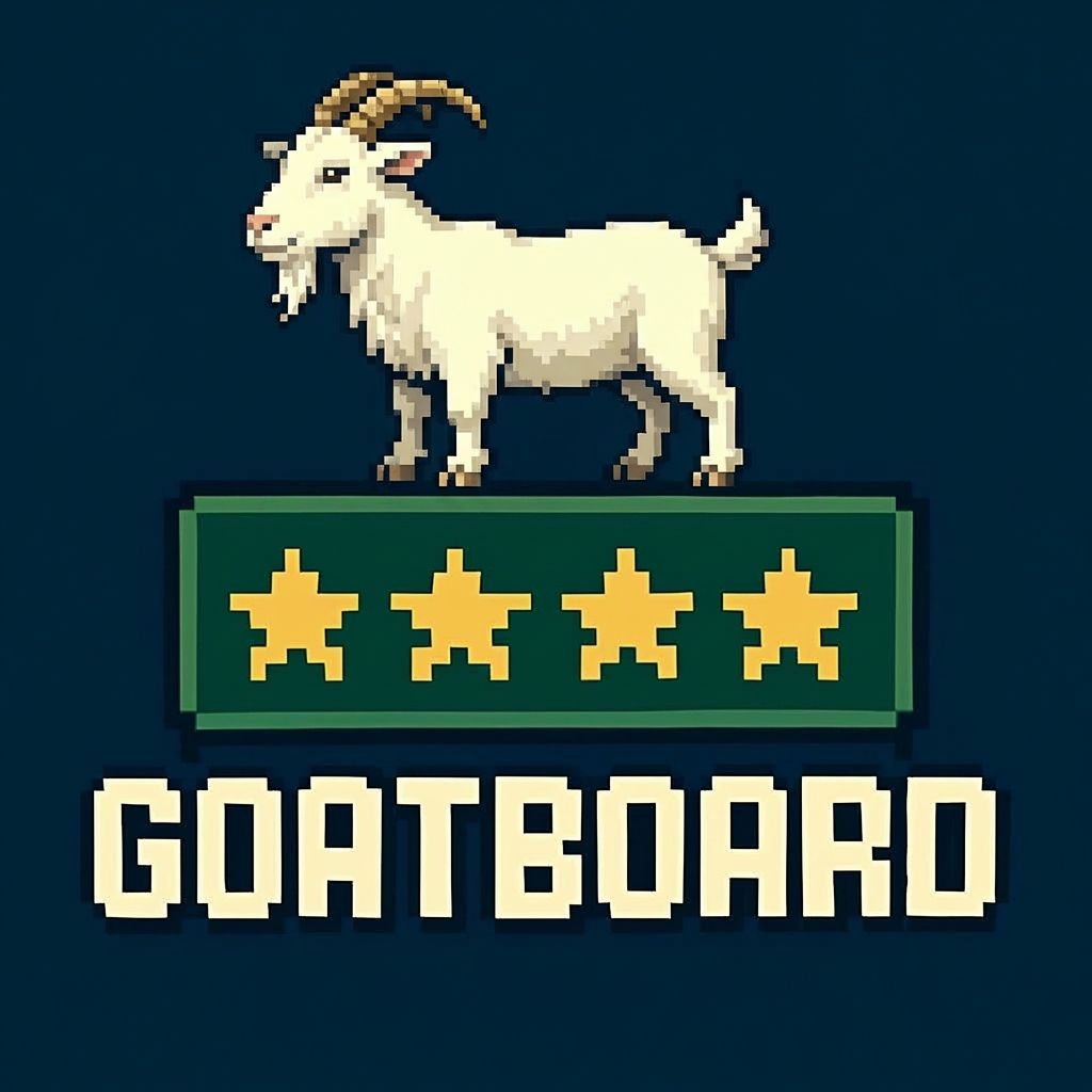 Pixel art goat on a scoreboard reading 28 7 125 above the word GOATBOARD.
