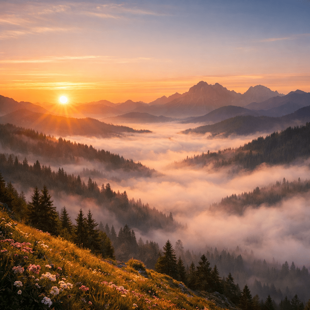 Sun rising over a misty mountain valley with wildflowers and pine trees