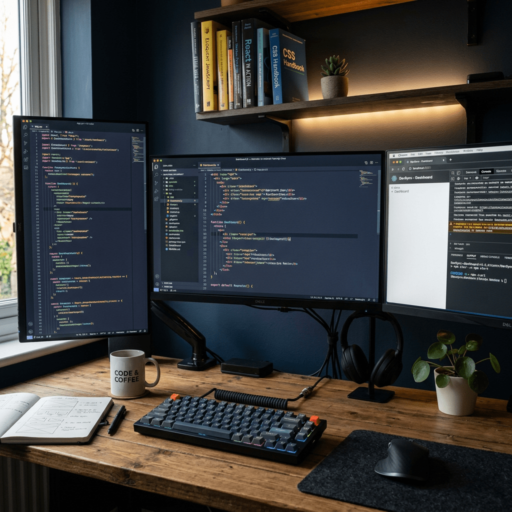 Developer desk with three monitors displaying coding environments, keyboard, mouse, coffee mug, and programming books