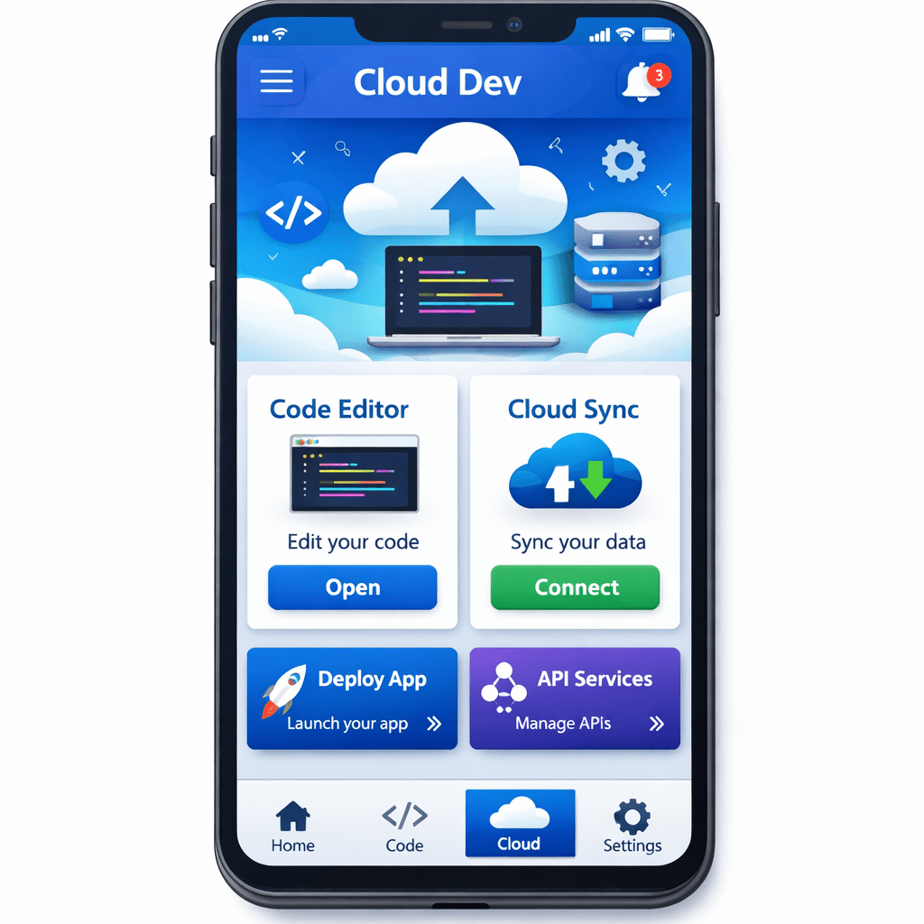 Smartphone app interface with code and cloud icons