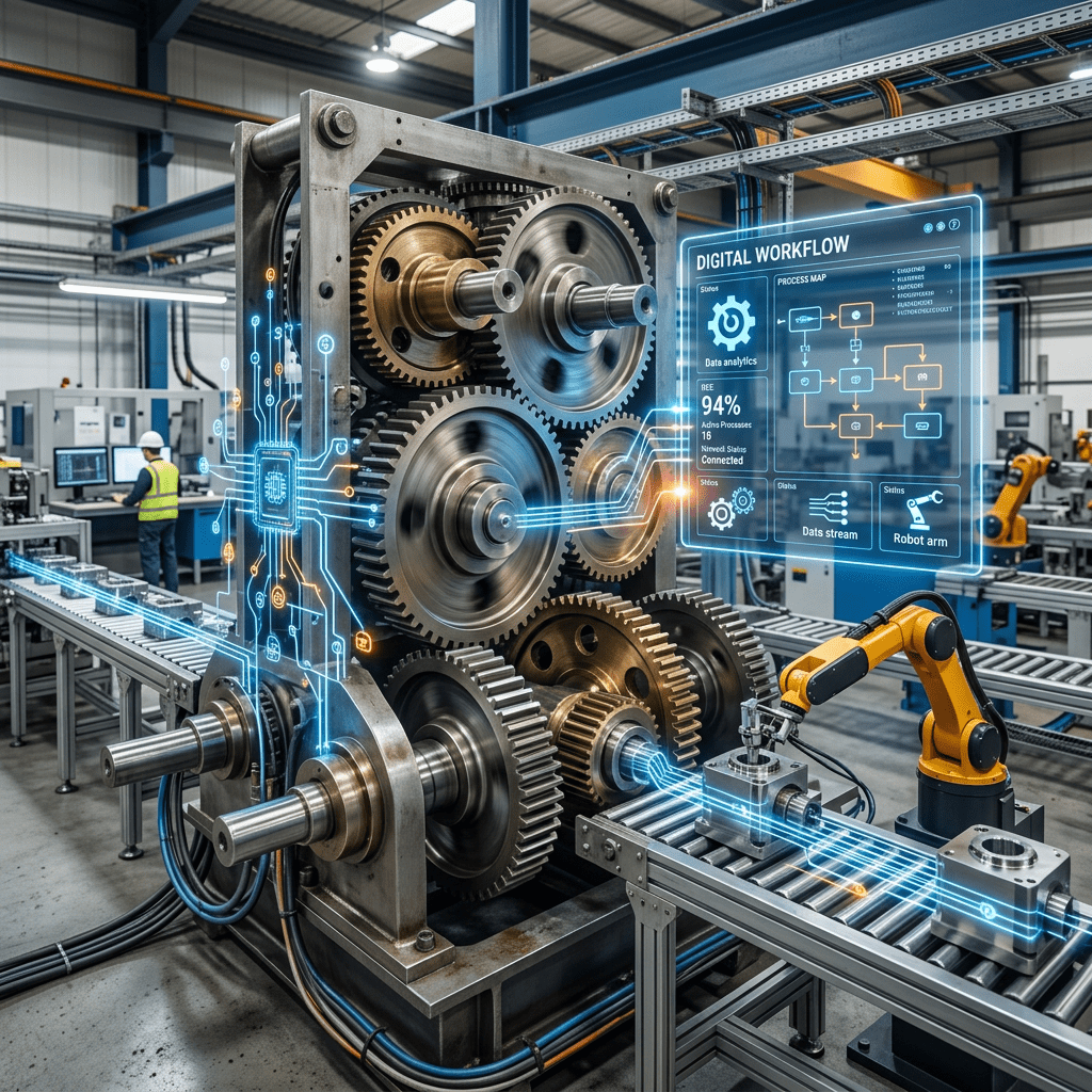 Industrial gears connected to robotic arm with digital workflow overlay showing data analytics and process map