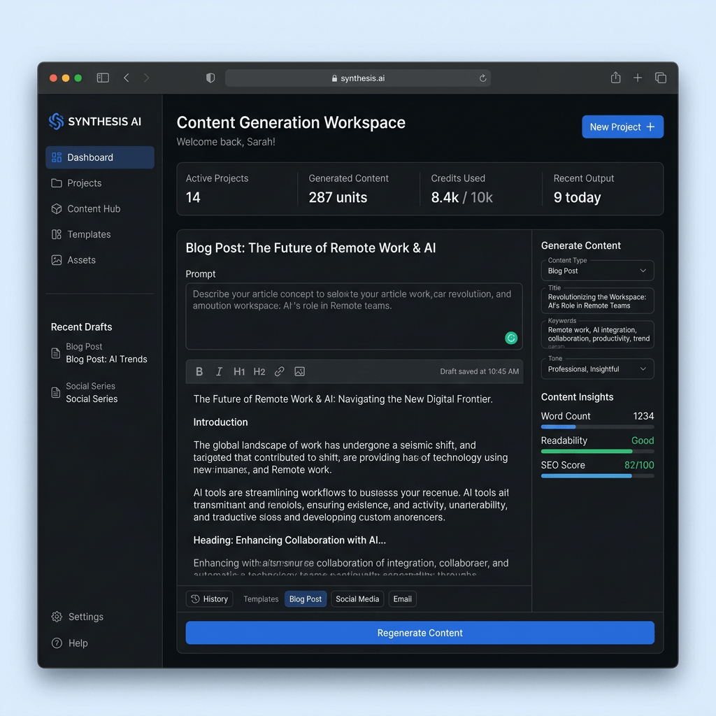 AI content generation workspace with project stats and blog post editor