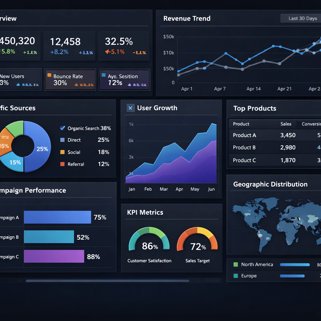 Dashboard with charts and metrics including revenue trend, user growth, traffic sources, product sales, and geographic distribution.