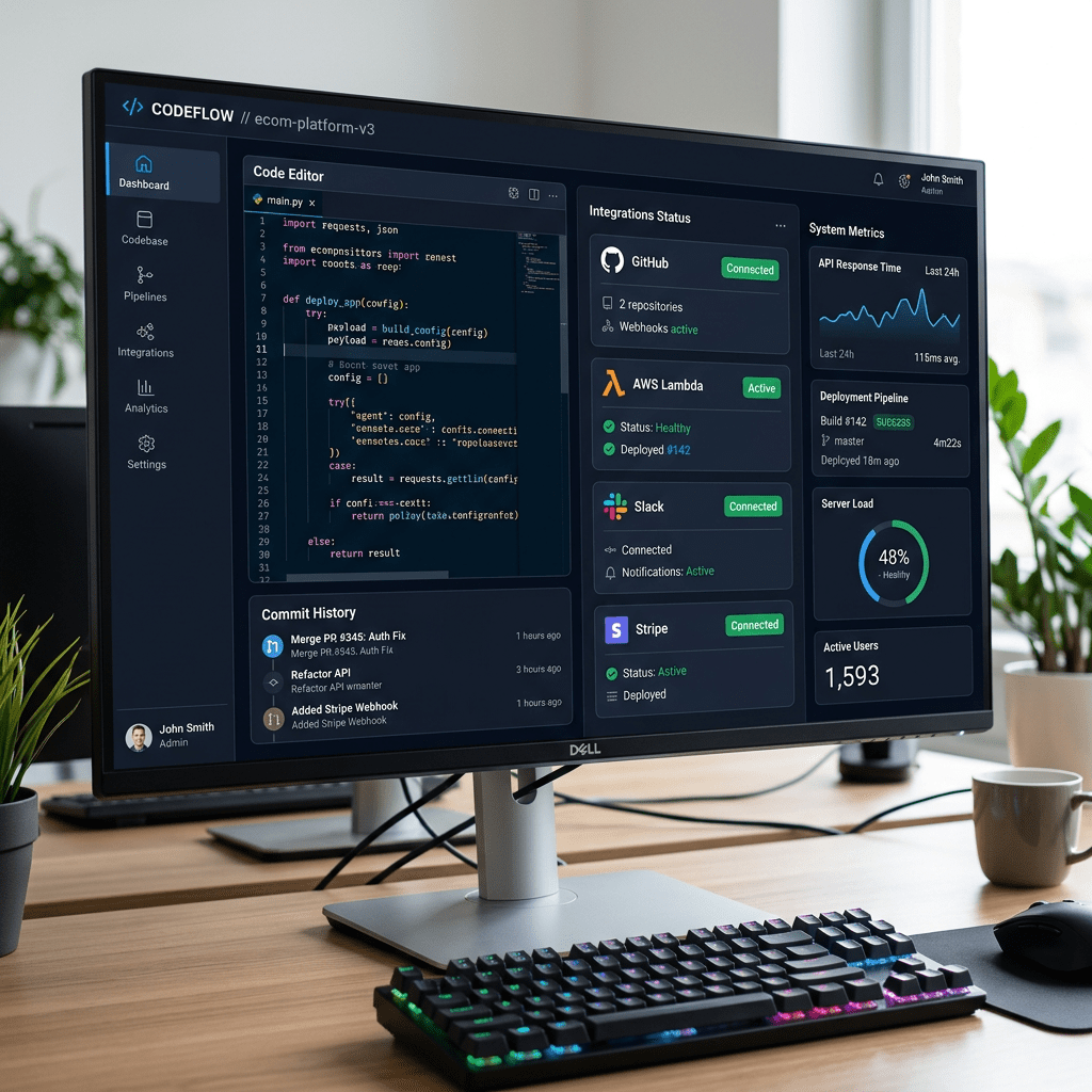 Computer monitor showing code editor, integrations status, system metrics, and active user statistics