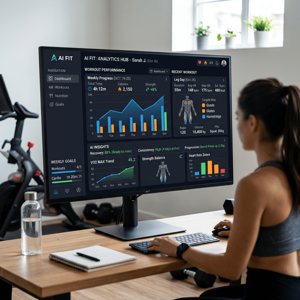 Fitness analytics dashboard showing workout progress, recent workouts, AI insights, and heart rate zones