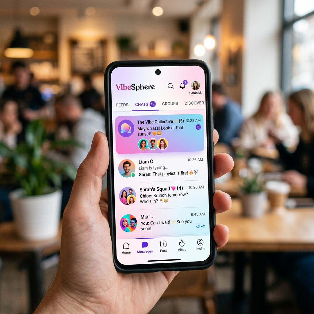 VibeSphere app displaying group and individual chat messages on a smartphone