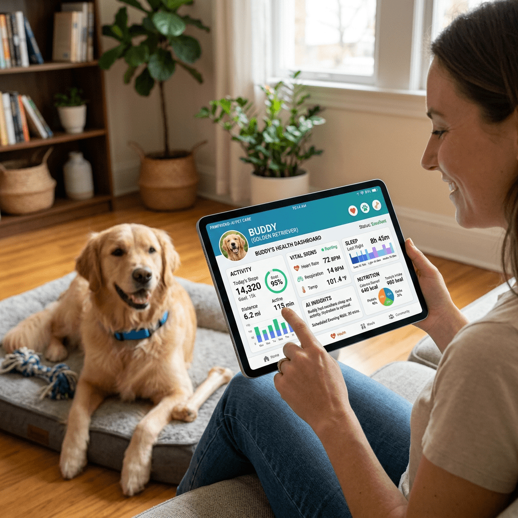Health dashboard on a tablet showing activity and vital signs of a golden retriever dog