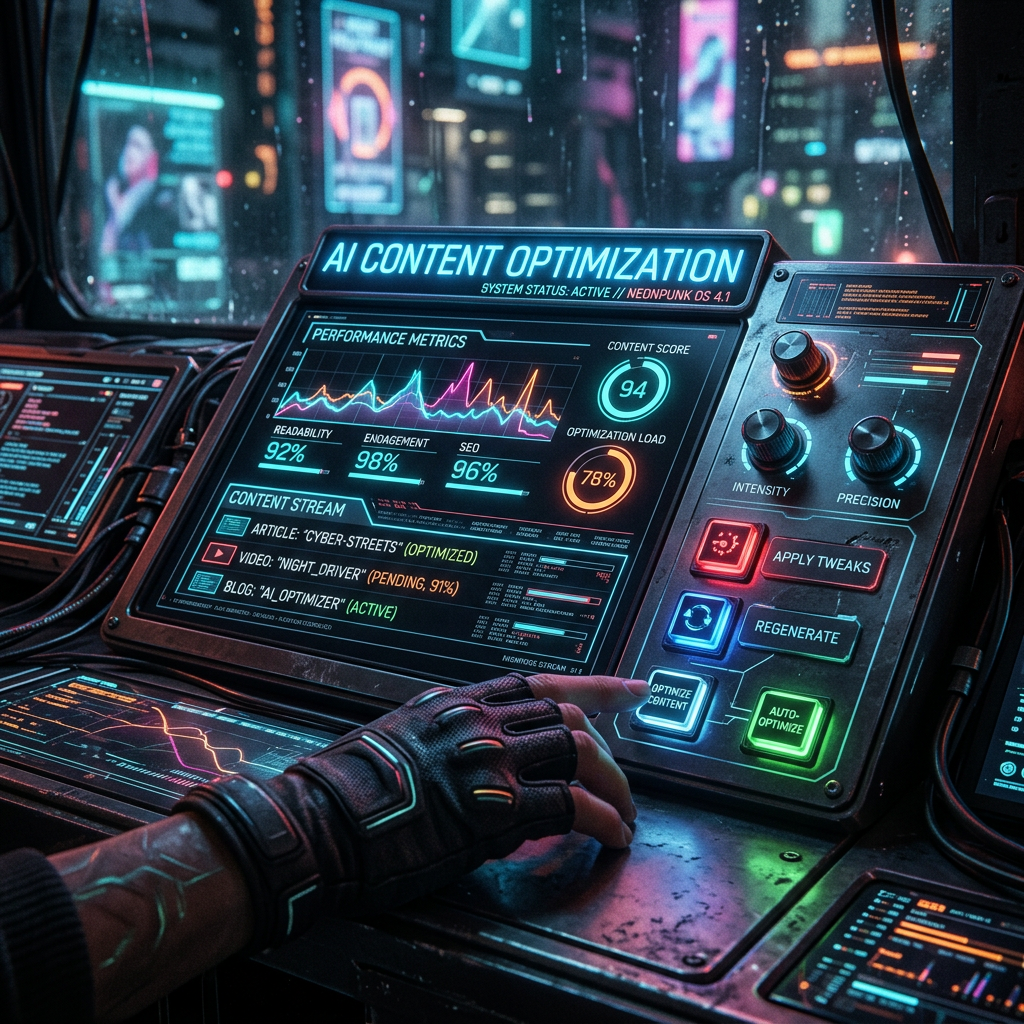 Cyberpunk AI content optimization dashboard with performance metrics and control buttons