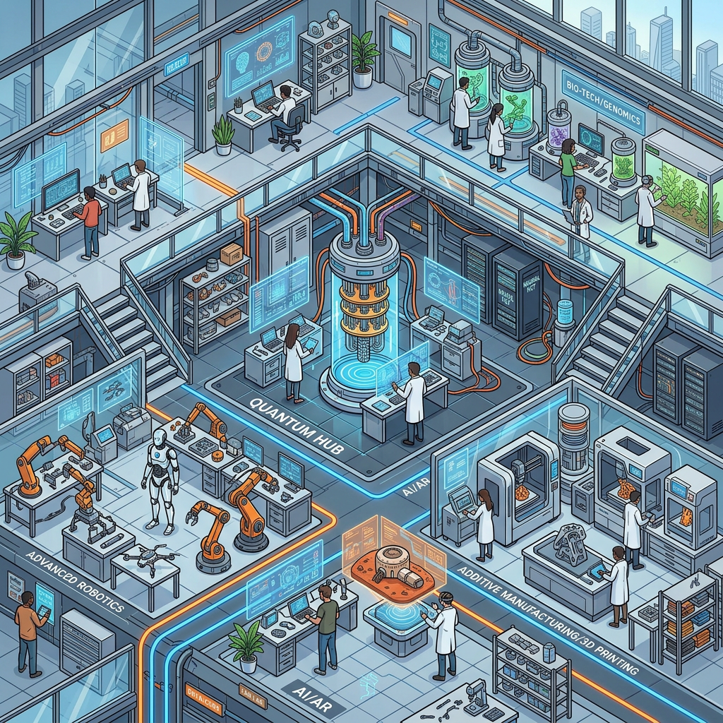 Futuristic research facility with quantum computing, biotech lab, advanced robotics, and 3D printing areas