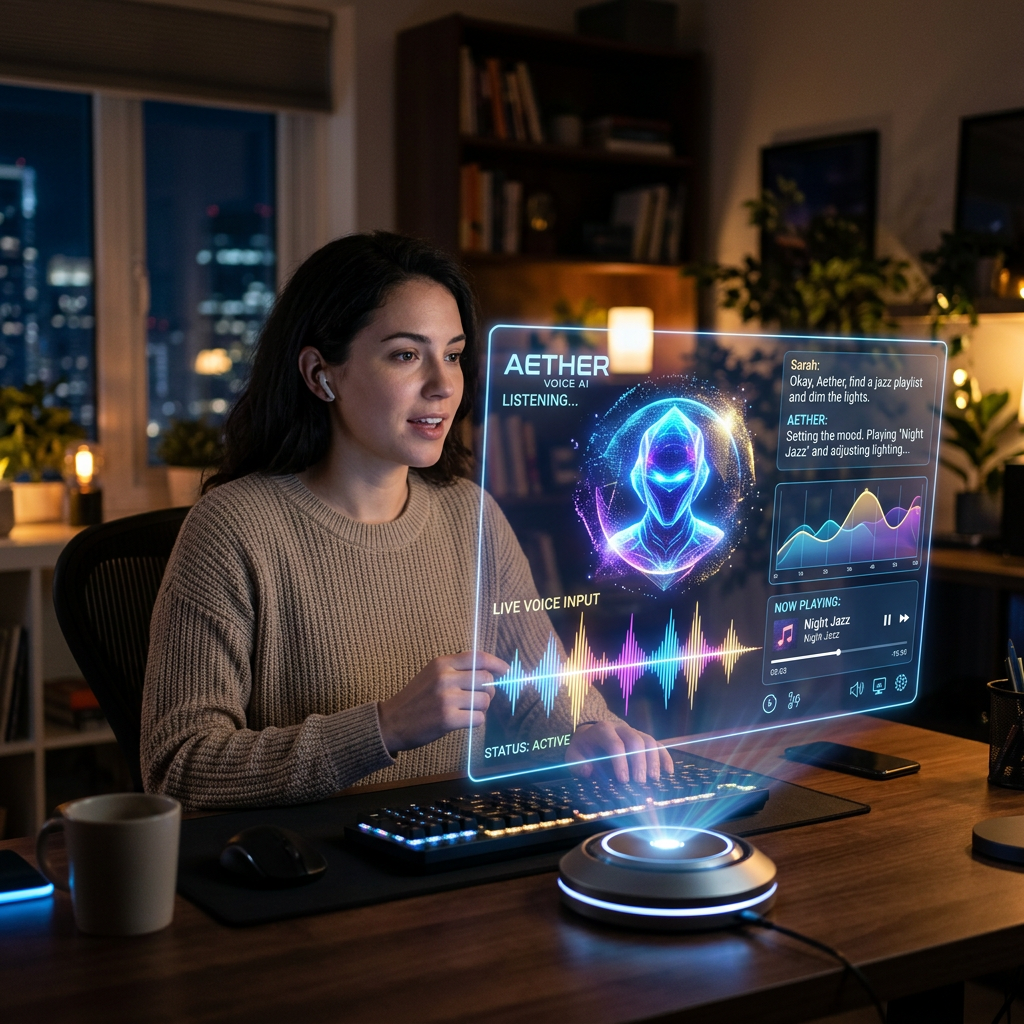 Woman interacting with holographic AI voice assistant interface showing live voice input and music playlist