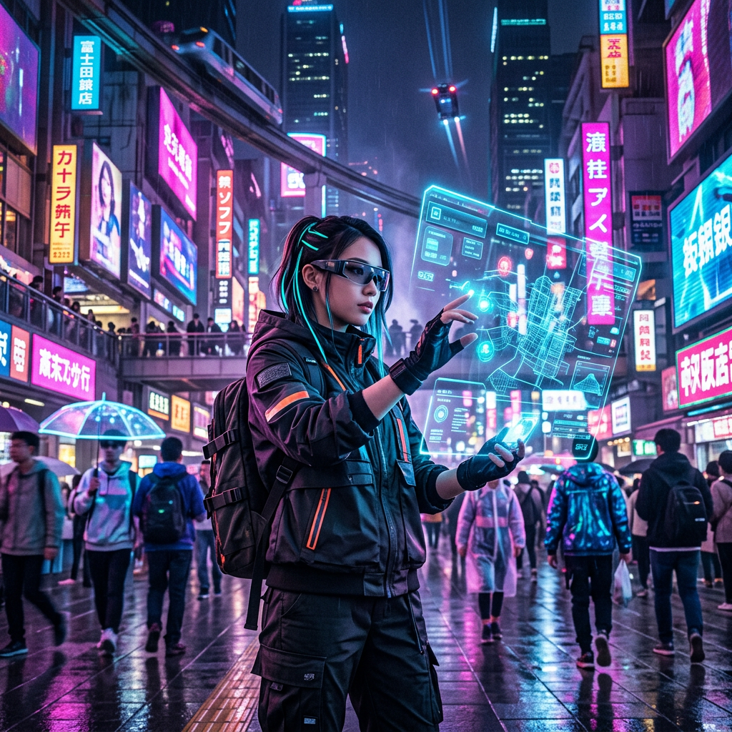 Neonpunk AR holographic city interaction