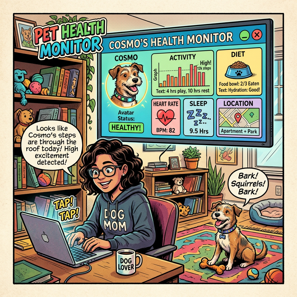 Comic pet health monitoring dashboard scene