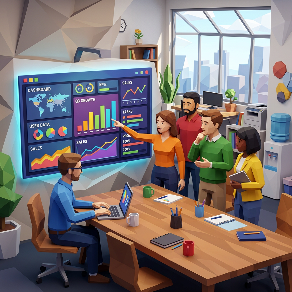 Low poly team collaborating on shared dashboard