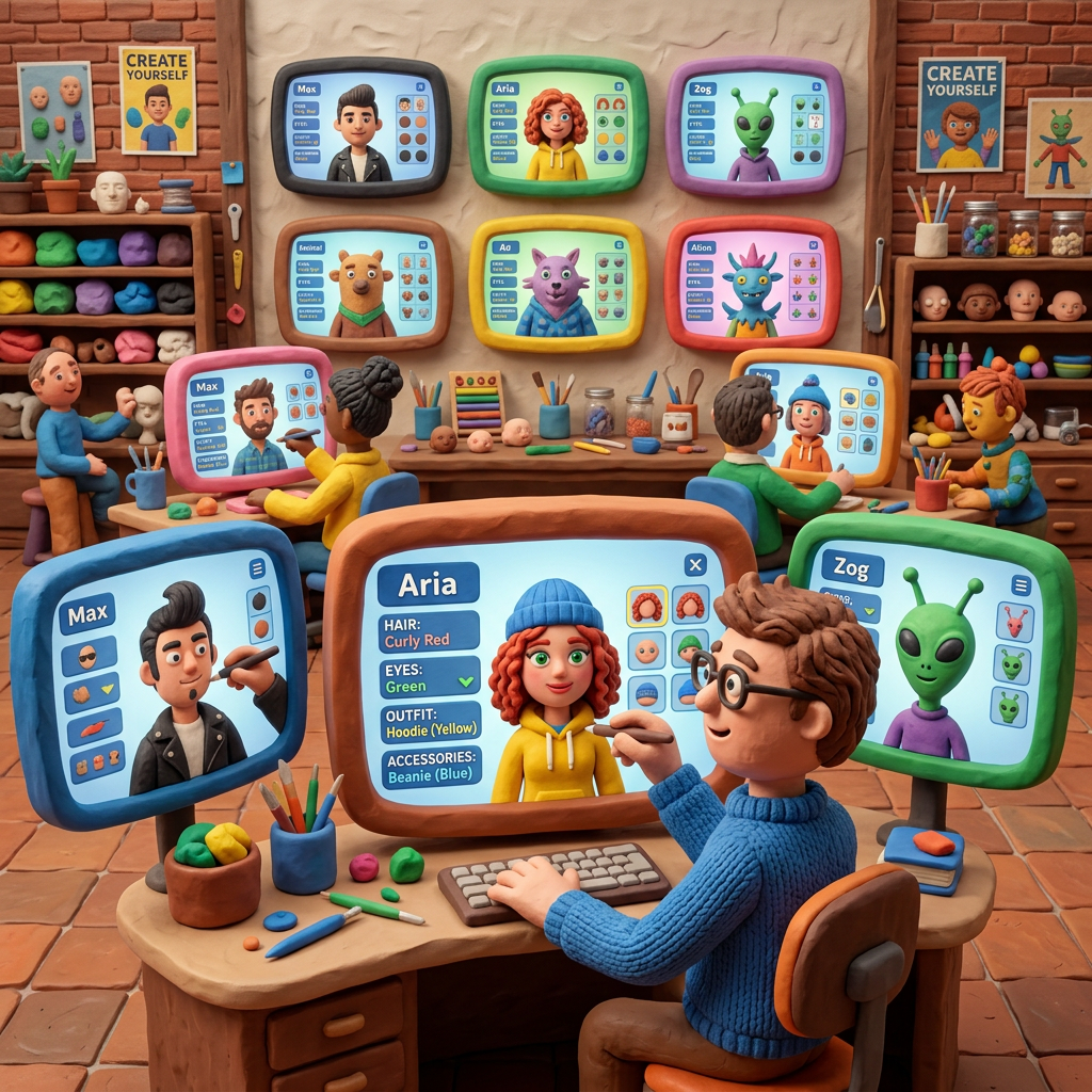 People working on character customization screens in a colorful creative workshop