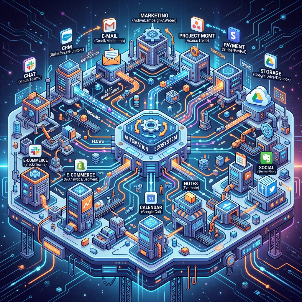 Isometric interconnected apps automation ecosystem