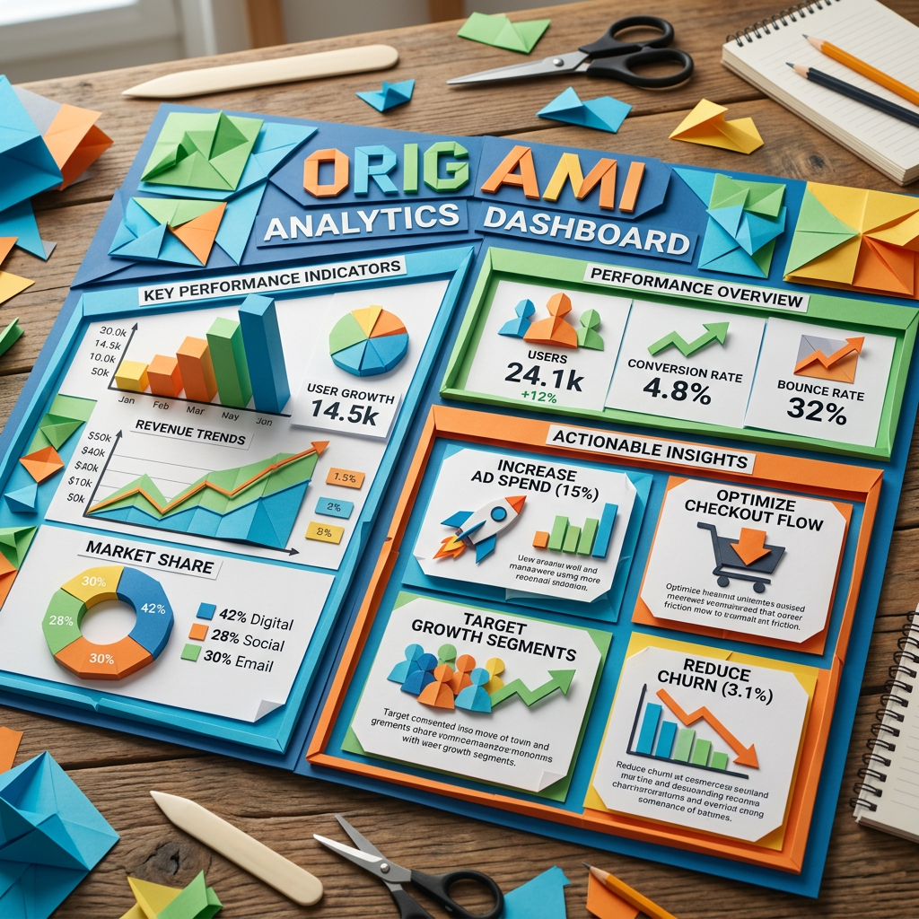 Origami analytics dashboard with charts, graphs, and performance metrics